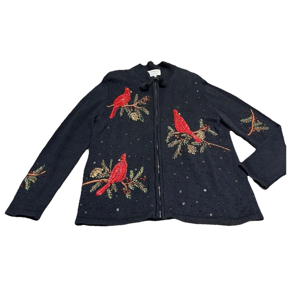 Vintage 90's Tiara International Christmas Cardinal Zip Cardigan Sweater Women M